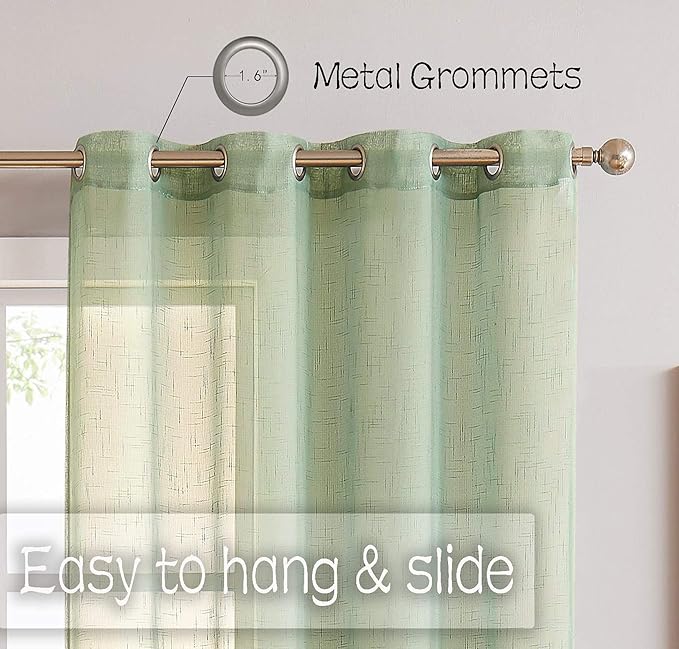 Sage Linen Sheer Curtain Panel Pairs 95 Inches Long with Grommets/Eyelets Rustic Window Treatment Drapery Sets for Living Room Bedroom Farmhouse (Green, 54"x95", 2 Panels)
