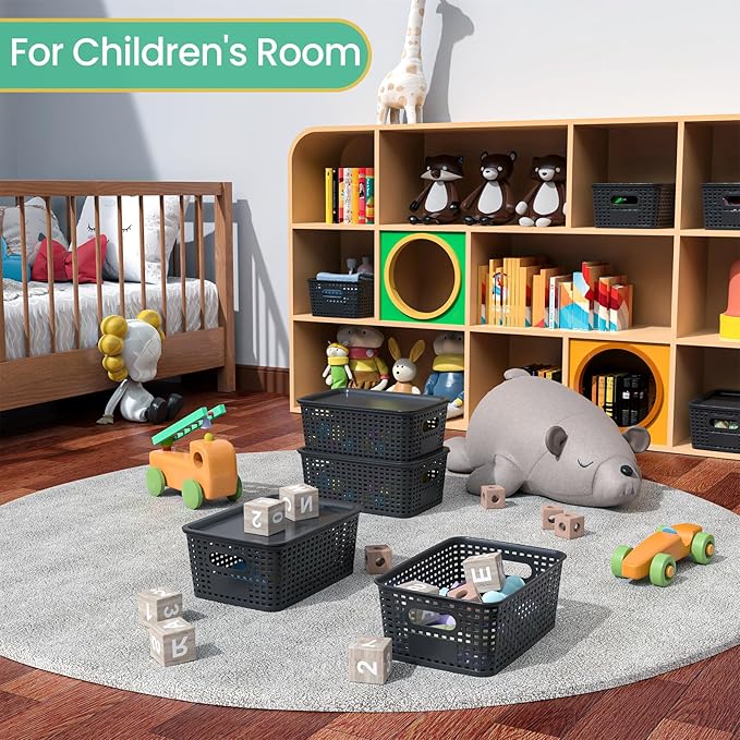 Plastic Storage Baskets with Lid-Plastic Storage Containers Stackable Storage bins: Storage Baskets for Organizing Shelves Drawers Desktop Closet Playroom Classroom Office, 8Pack-Black10.2x7.2x4.1Inch