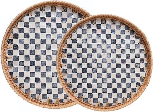 Set of 2 Rattan Checkered Tray with Mother of Pearl, Round Coffee Table Tray Decor, Round Wicker Boho Decorative Woven Serving Tray (Checkerboard)