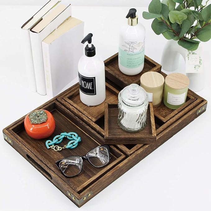 Rustic Wooden Serving Trays with Handle, Serving Platters, Charcuterie Board Set of 5 Nesting Food Trays for Serving Food, Home Decor/Breakfast/Coffee Table/Butler/Ottoman/Bed Tray