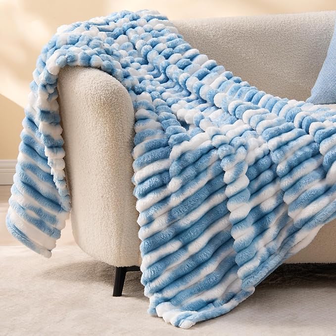 BEDELITE Fleece Throw Blanket for Couch - 300GSM Soft & Warm Fluffy Tie-dye　Blue Blanket, Decorative and Giftable Striped Blankets for Women, Men, 50"x60"