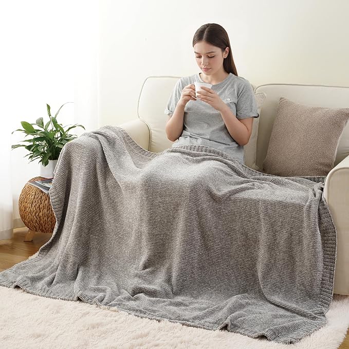 BATTILO HOME Light Grey Throw Blanket for Couch, Soft Knitted Chenille Throw Blanket for Sofa, Chair, Living Room, Cozy Gray Throw Blankets for Bed,51"x67"