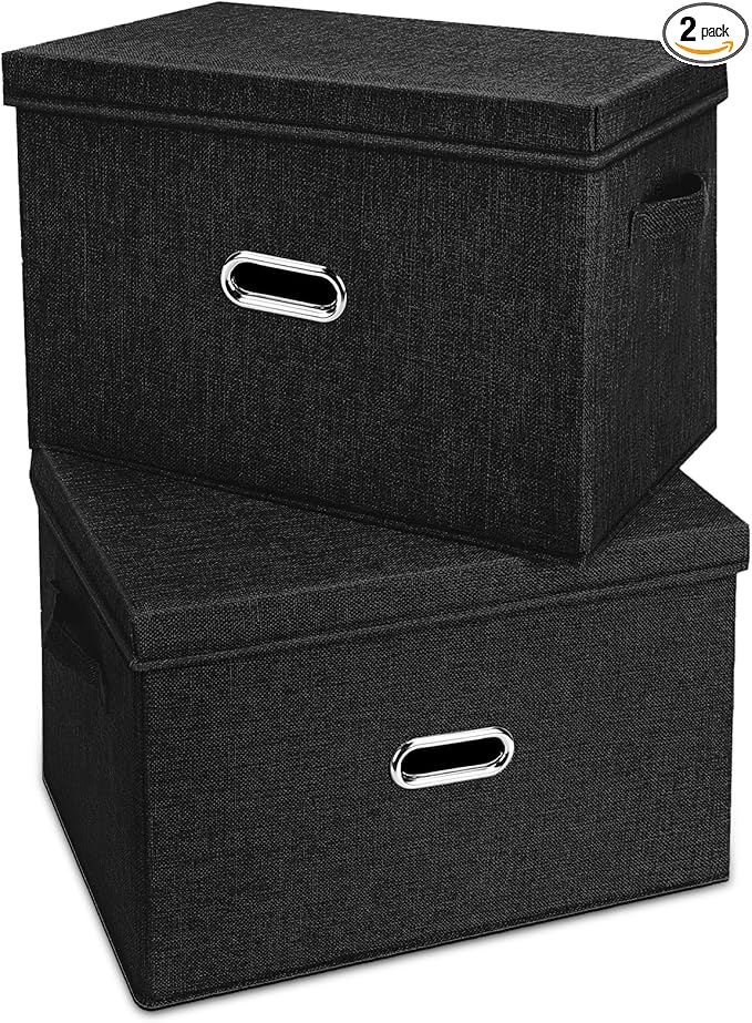 Large Linen Fabric Foldable Storage Bins with Removable Lid and Handles, Washable Storage Box Organizer Containers Baskets Cube with Cover for Bedroom,Office(Black, XXL(2-Pack))