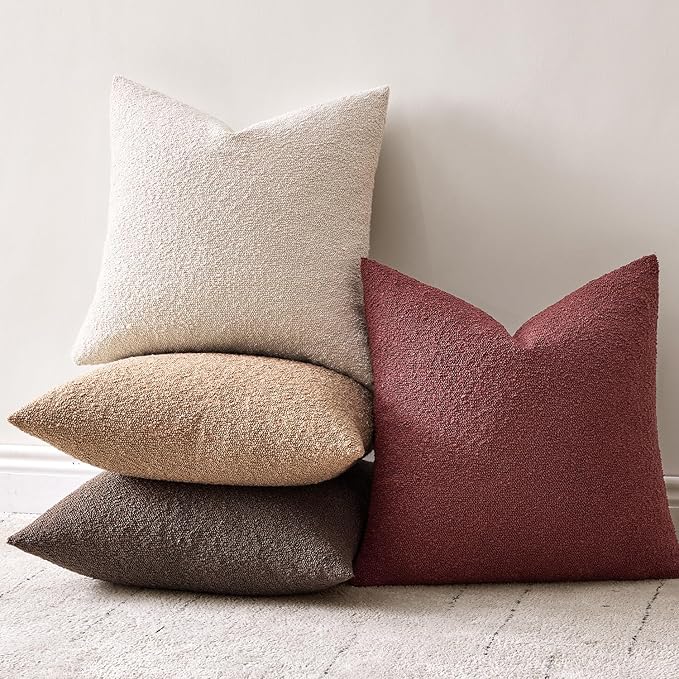 Woaboy Pack of 2 18x18 Inch Decorative Boucle Throw Pillow Covers Textured Square Pillowcaes Accent Solid Cozy Soft Cushion Covers Home Decor for Sofa Couch Living Room Home Decor,Burgundy