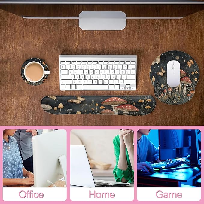 Mushroom Flower Butterfly Magic Mouse Pad with Wrist Rest and Keyboard Wrist Rest Set, Non-Slip Rubber Base Memory Foam Mouse Pad Set for Women, Office Desk Accessories, Gaming