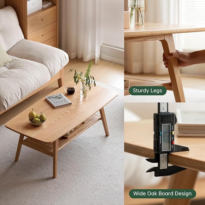 100% Solid Oak Wood Coffee Table for Living Room, 2-Tier Small Coffee Tables with Shelf Storage, Mid Century Modern Table with Rounded Corners (Natural, 39.37“ x 22.05” x 17.32“)