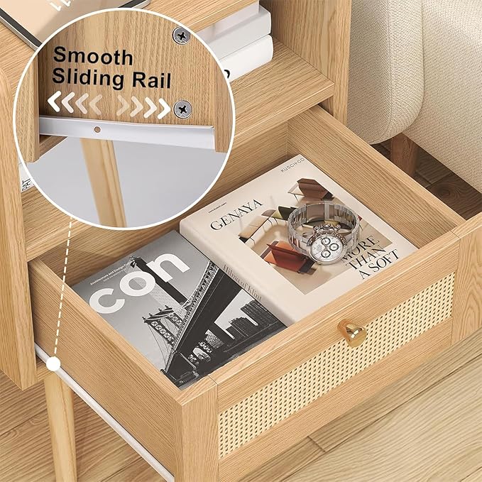 Nightstand Rattan with Charging Station, Mid Century Modern Bed Side Table, Boho End Table with Wood Legs, Bedside Tables for Bedroom Living Room (1, Natural, 11.8" D x 15.9" W x 23.4" H (1 Drawers))