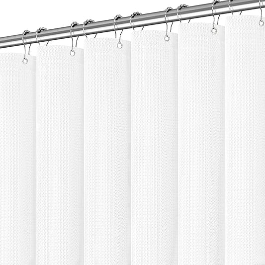Long White Shower Curtain Waterproof Large Heavy Duty Fabric for Bathroom, Machine Washable Tall 256GSM Modern Shower Curtains for Spa Hotel with 12 Metal Hooks, 72Wx80H