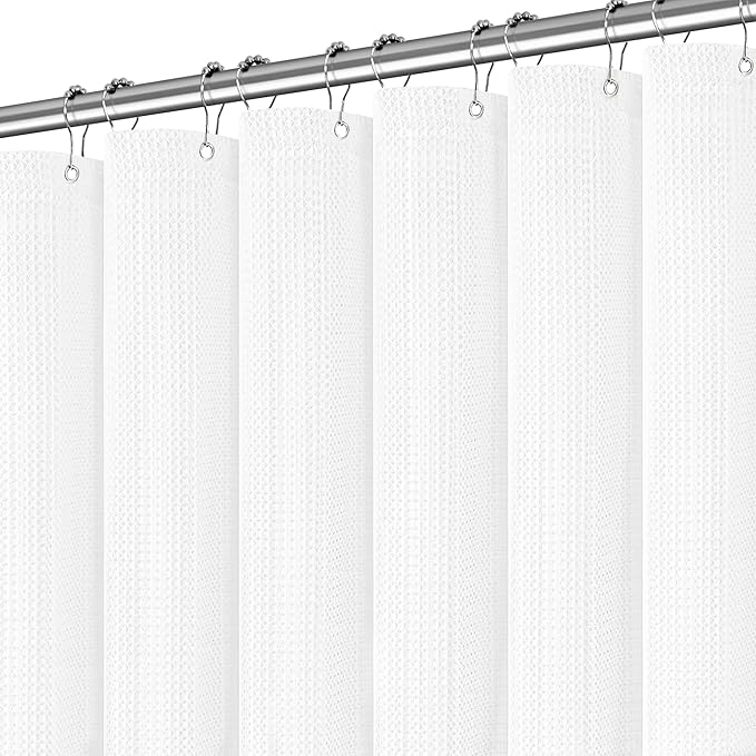 White Shower Curtain for Bathroom 84 Inches Long, Waffle Textured Heavy Duty Extra Long Waterproof 256GSM Weighted Beige Shower Curtains with 12 Metal Hooks, 72Wx84H