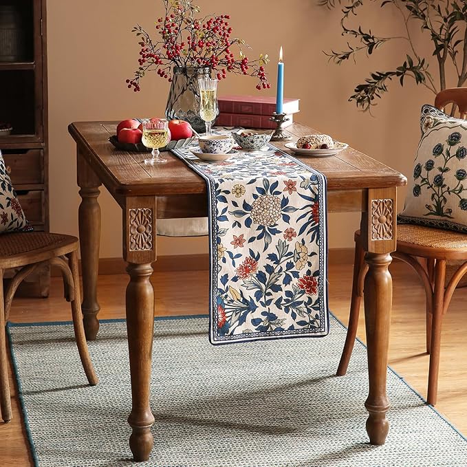 patdrea Designer Blue Cottage Rustic Floral Patterned Extra Long,Wrinkle Resistant Linen Table Runner 118 Inch Long,Decoration for Kitchen Dining and Coffee Tables Banquet Christmas , 12"x118"