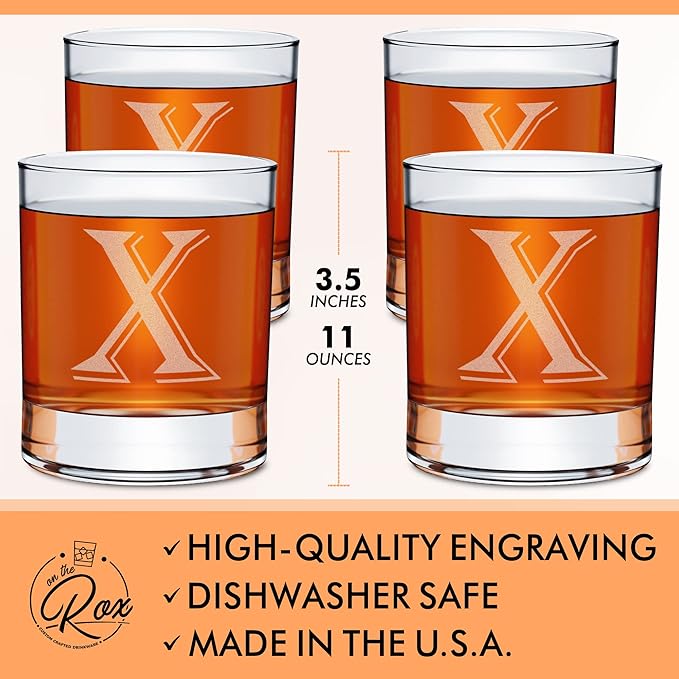 (X-Monogram)- 4 Piece Set of 11 Ounce Engraved Heavy Base Rocks Glasses- Quality Elegant Glass-Multi-Purpose Beverage-Rocks Glass- For any Occasion- By: On The Rox