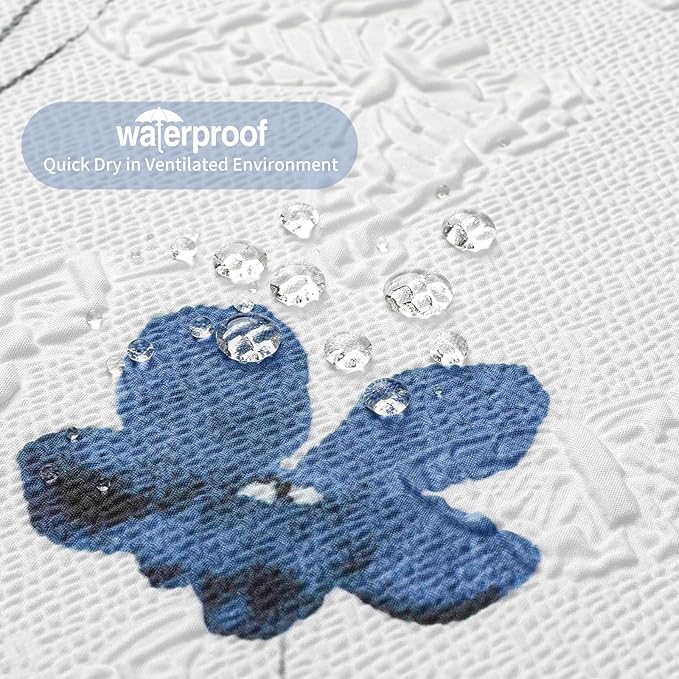 QIYI Small Stall Half Watercolor Floral Shower Curtain, 3D Embossed Butterflies Blue Flower Cloth Bathroom Curtain, Waterproof Fabric White Shower Curtain Set with Hooks