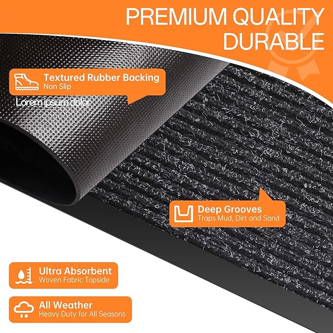 Indoor Outdoor Door Mat, 4' x 3' Doormat for Entryway, Rubber Backing Non Slip Front Door Mat Outside Entrance, Super Absorbent Commercial Floor Mat for Home Office, Black