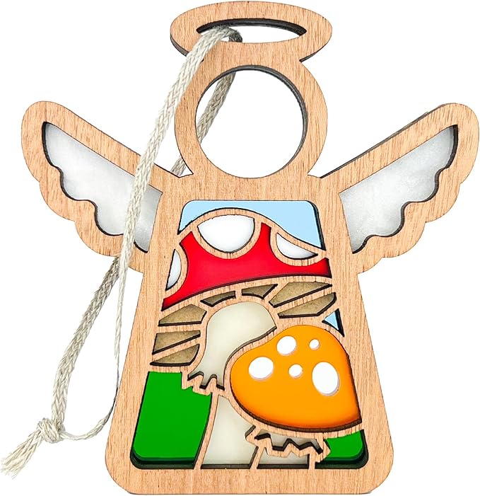 3.5" (H) Angel Ornaments for Christmas Tree - Red Toadstool Mushroom Kitchen Decor - Christian Collectible Figures