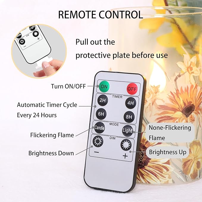 Sunflower Glass Flameless Candles with Remote Battery Operated Flickering LED Pillar Candle Summer Fall Autumn Christmas Decorations Gifts for Women Mom Mothers Day Birthday, Set of 3