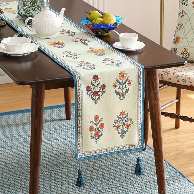 ISAENNE Designer Light Green Linen Extra Long Table Runner 118 Inches,French Floral Patterns Elegant Table Runner for Dining Tables,Thanksgiving,Kitchen Tables,Christmas,12"*118"-Floralsea B