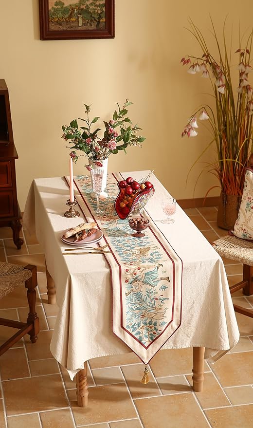 patdrea Designer Idyll Linen Extra Long Table Runner,Vintage Beige Farmhouse with Ancient Spring Figure and Animal Pattern Table Mat, Decoration for Kitchen Dining Banquet Christmas ,12"*102"