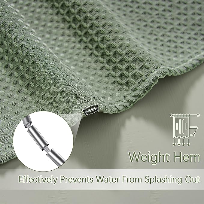 Waterproof Fabric Shower Curtain Extra Long Waffle Weave Heavy Duty Bathroom Shower Curtain Set, 256GSM Weighted Thick Shower Curtain with 12 Rust-Resistant Hooks,72Wx84H Sage Green