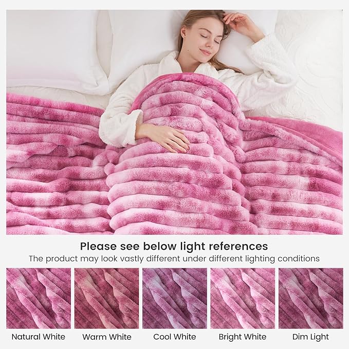 Cozy Bliss Faux Fur Throw Blanket for Couch, Cozy Warm Plush Striped Blanket for Sofa Bedroom Living Room, 90 * 90 Inches Tie-dye Pink