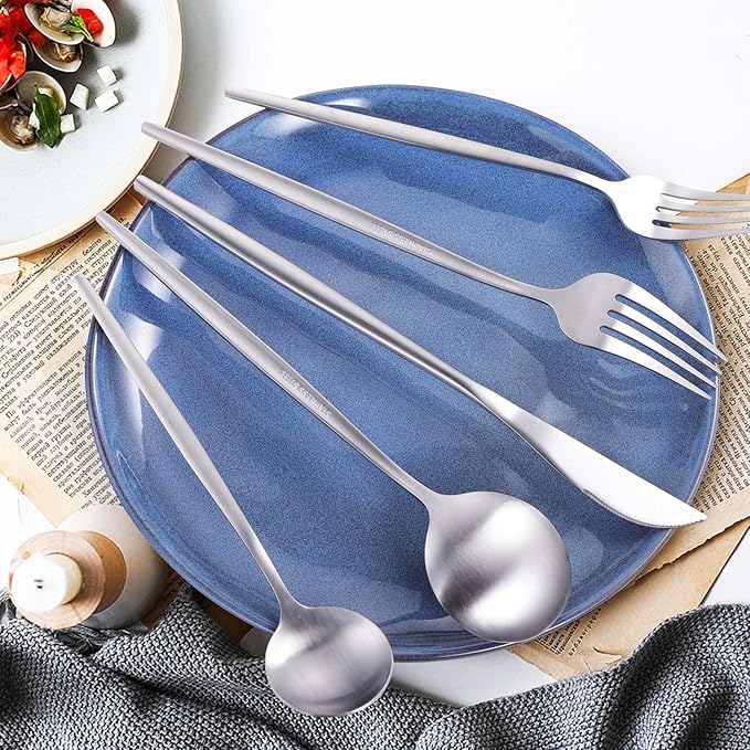 Silverware Set for 8, MIKIWAY 40 Pieces Stainless Steel Flatware Set, Matte Cutlery Tableware Set, Kitchen Utensils Set Include Spoons And Forks Set, Satin Polished, Dishwasher Safe