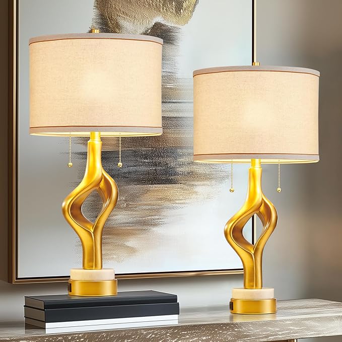 26” Modern Table Lamp Set of 2 for Living Room Bedroom, Gold Sculptural Table Lamp with 2 USB Ports, Resin Desk Lamps Marble Base with Double Pull Chains for Bedside End Tables, Bulb Included