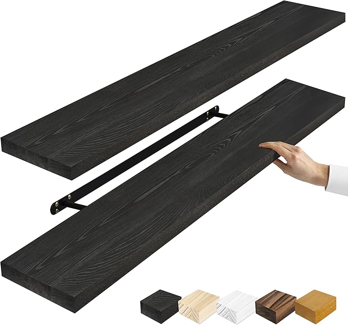 Sorbus Wood Floating Shelves for Wall - 35” Solid Wood Wall Shelves for Bathroom Decor, Books, Bedroom & Living Room - Set of 2 Black Wall Mounted Kitchen Shelves - Durable Solid Pine