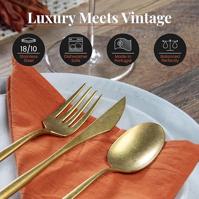 Luxury Vintage Flatware 20-Piece Set – Service for 4, Premium Stainless Steel with Weighted Handles, Aged Heirloom Finish, Dishwasher Safe, Elegant and Modern Cutlery (Vintage Gold)