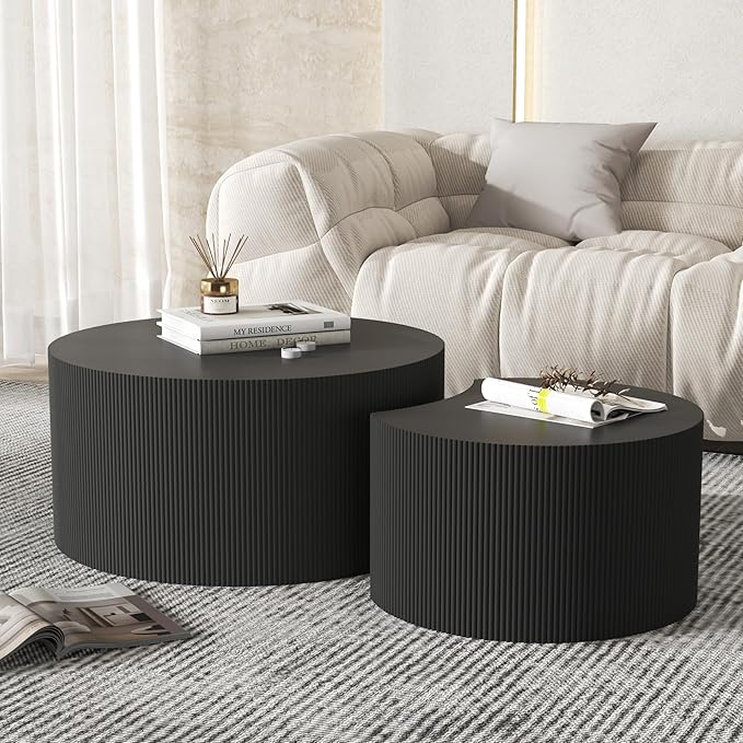 Round Coffee Table Set of 2, Modern Wooden Nesting Coffee Tables for Living Room, No Assembly Required Circle Side Table Set Accent Furniture for Bedroom, Balcony,Office, Black