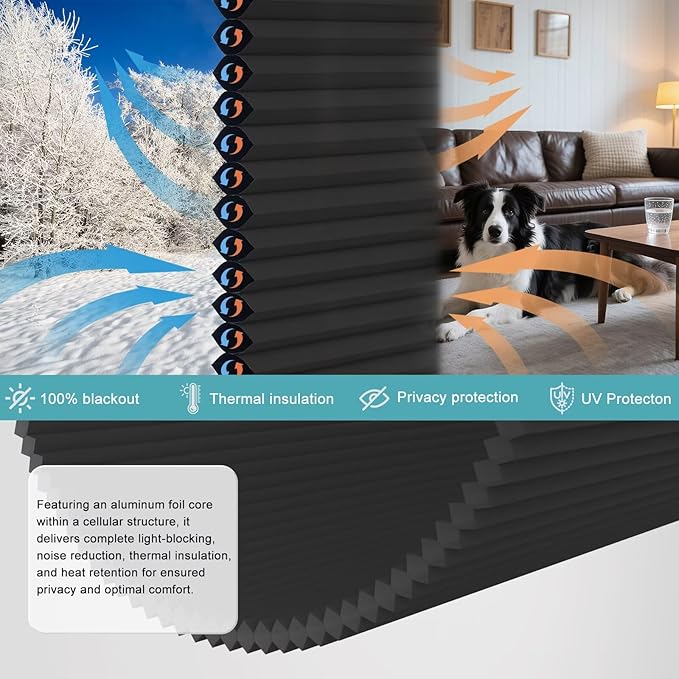MYshade Top Down Bottom Up（TDBU） Cellular Shades, 1.5 inch Cordless Blackout Honeycomb Pleated Blinds for Windows Home Bedroom Office, Light Control, Thermal Insulated, 44 "W x 72" H, Black