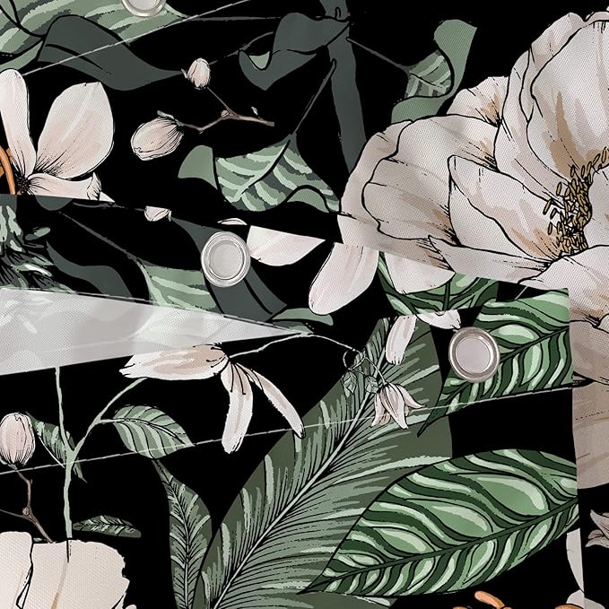 Sanzugh Boho Floral Shower Curtain, Pretty Vintage Bohemian Flower Botanical Leaves Fabric Shower Curtains Set for Bathroom Decoration with Hooks 72 X 72 inch Black Dark Bath Decor