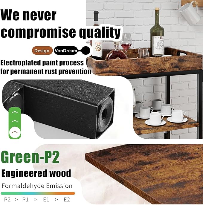 3-Tier Bar Cart for The Home, Rolling Cart with Wheels and Handle, 3-Tier Serving Cart with Removable Tray, Kitchen Carts on Wheels with Storage