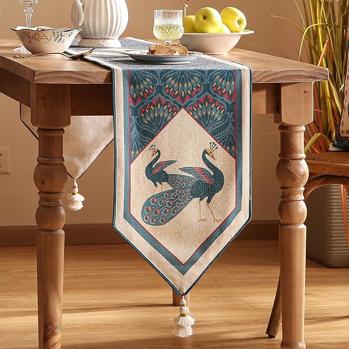 Vintage Blue Peacock Small Table Runner for Table,Decorative Linen 63 Inches Long Table Runners,Decor Tabletop for Kitchen,Dining,Tea Party,Home,Christmas,12"*63"