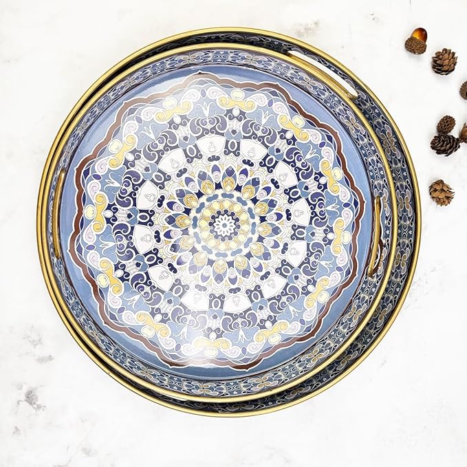 Round Decorative Trays Set of 2, Modern Plastic Serving Tray with Handles for Living Room, Coffee Table, Kitchen, Ottoman, Boho Blue, Large 13", Small 11.8"