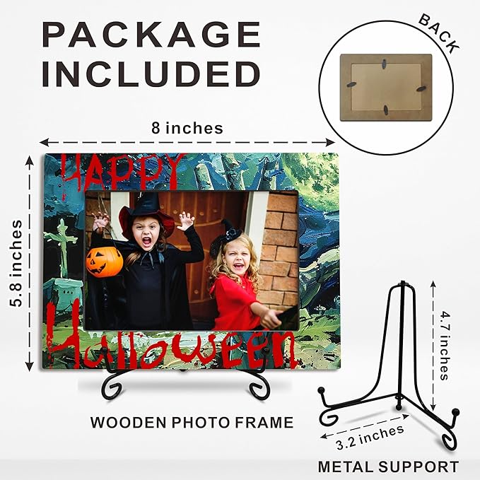 4X6 Halloween Picture Frame With A Metal Stand-Dark Style, Moon Night Scary Cemetery Wooden Photo Frame For Tabletop Display- Gifts for Kids Friends Family, Halloween Theme- A30
