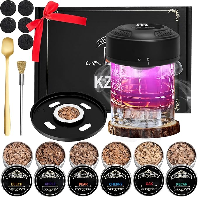 Electric Whiskey Smoker Kit with 5-Color LED Lighting & 6 Wood Chips, No Butane Old Fashioned Smoker Kit Bartender Kit for Cocktail Shaker, Cocktail Smoker Kit for Fathers Day, Gifts for Him