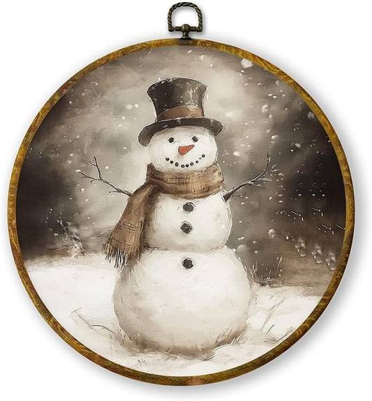 QZQE Vintage Winter Snowman Round Wall Art Decor Framed, Rustic Farmhouse Cottage Christmas Canvas Prints, Retro Xmas Cozy Winter Holiday Wall Hanging Decor for Home Bedroom Living Room, 10x10 Inch
