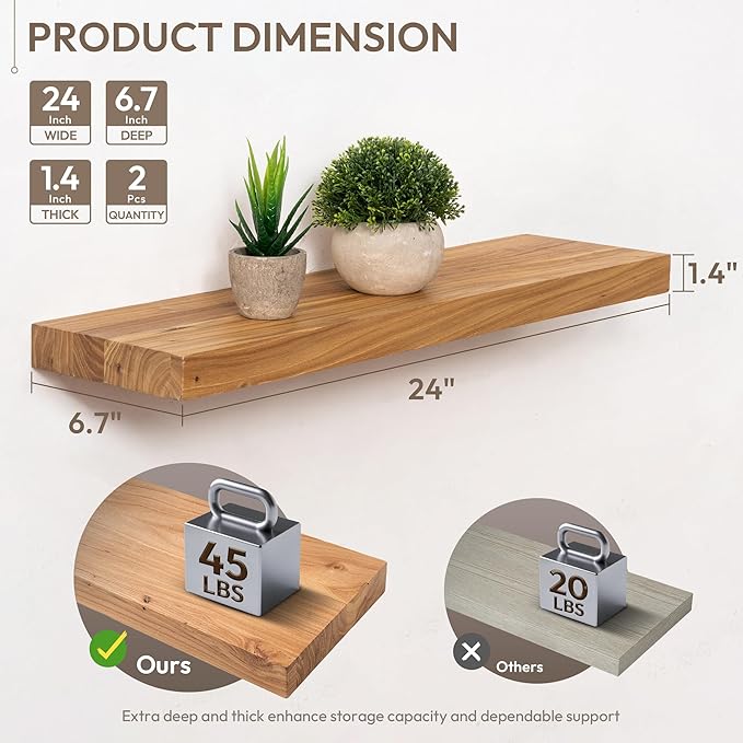 Marsmiles 24 inch Floating Shelves for Wall Solid Elm Wood Shelves|Rustic Wall Shelves with Invisible Heavy-Duty Bracket for Bathroom Living Room Kitchen|Natural, 2 Pack
