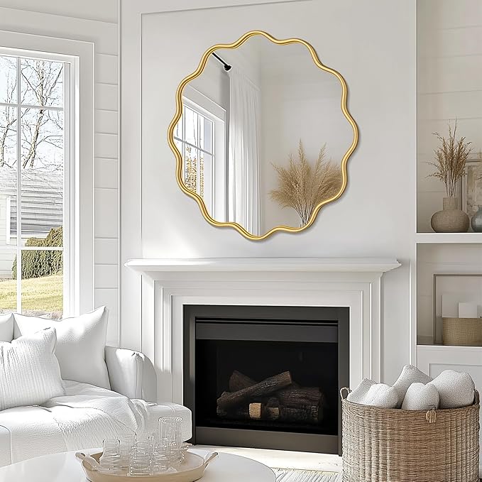 PROHOMEWARE Gold Round Mirror 36 Inch Wavy Bathroom Vanity Mirror Gold Frame Modern Wall Mirror Decorative Wall-Mounte Anti-Rust, Tempered Glass