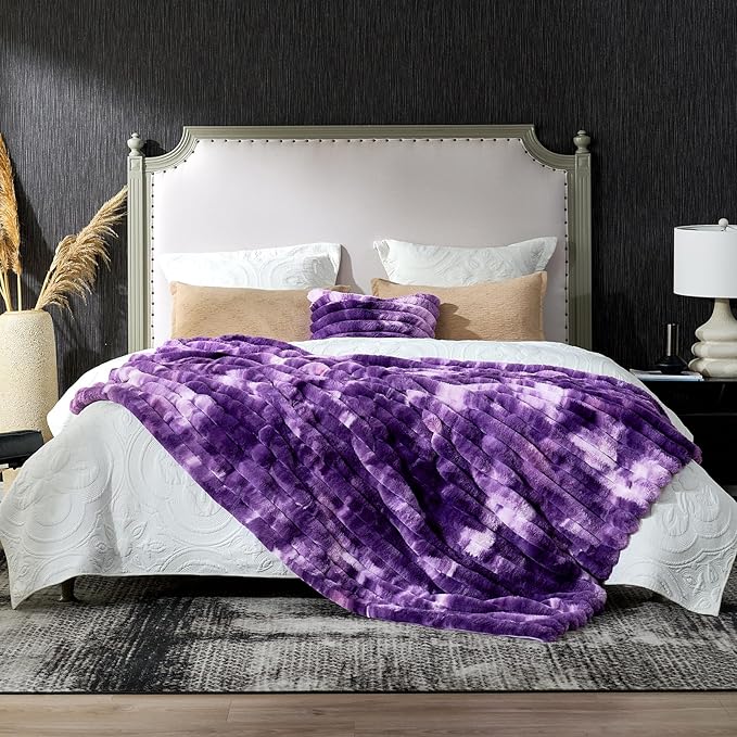 Cozy Bliss Faux Fur Throw Blanket for Couch, Cozy Warm Plush Striped Blanket for Sofa Bedroom Living Room, 60 * 80 Inches Tie-dye Purple