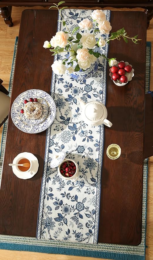 Decorative Linen Table Runner 71 Inches Long,Chinoiserie Blue Floral Cloth Runner for Table Decor Tabletop Table Runners for Kitchen,Dining,Tea Party,Home,Christmas,12"*71"