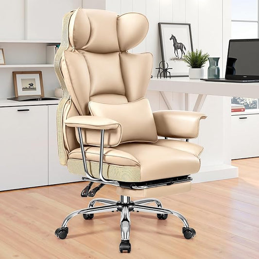 Office Desk Chair 400 LBS, Big and Tall Office Chairs with Footrest, Leather Computer Gaming Chairs with Adjustable Height, Executive Office Chairs with Lumbar Support, Beige