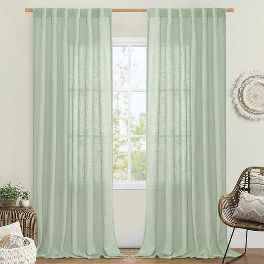 LAMIT Linen Curtains for Living Room, 84 inch Length, Light Filtering Semi Sheer Panels, Back Tab and Rod Pocket, Fresh Green, 52 x 84 Inch
