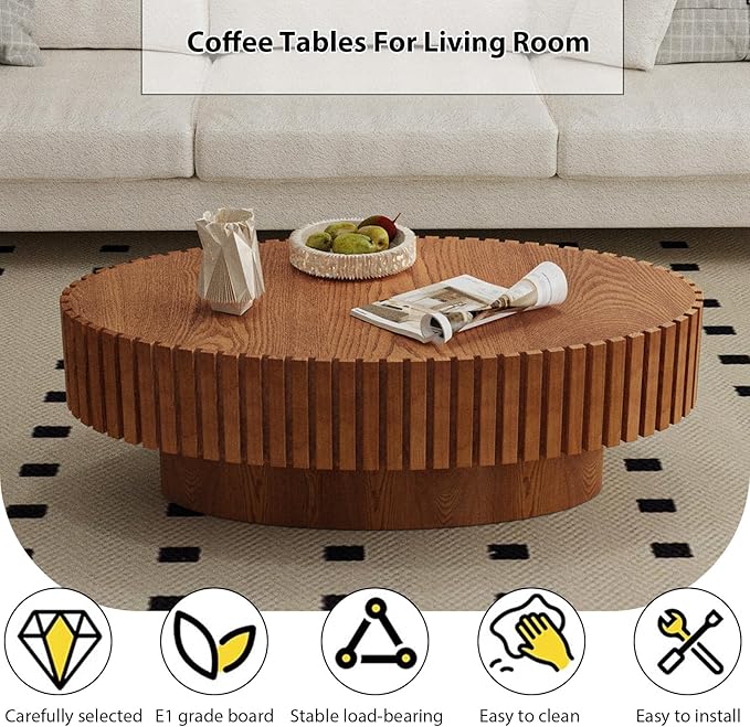Oval Fluted Coffee Table Mid Century Modern Coffee Tables with Handcrafted Relief Ellipse Drum End Table Rustic Industrial Center Tables for Apartment Living Room (Wood Oval)
