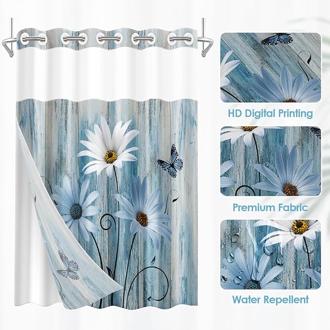No Hook Blue Daisy Shower Curtain with Snap in Fabric Liner Set, Wooden Boards Double Layers Waterproof Fabric with See Through Top Window Open Grommet Bath Curtain 54x80 Inch