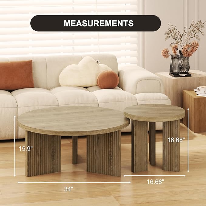 Nesting Coffee Table Set of 2, Modern Wooden Coffee Table with Smooth Thick Design, Circle Tea Table and End Table Set, Accent Center Tables for Living Room, Office, Walnut