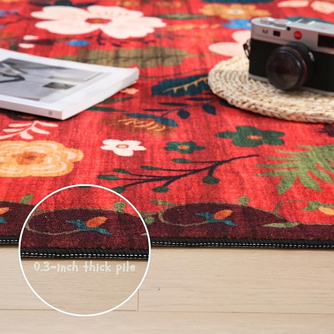 Rugcomf Door Mat Indoor Entrance 2x3 Rug Machine Washable Boho Floral Small Area Rug Non-Slip Low Pile Throw Rugs for Entryway, Kitchen, Front Door Indoor Entrance, Entry, Kids Room (Red)