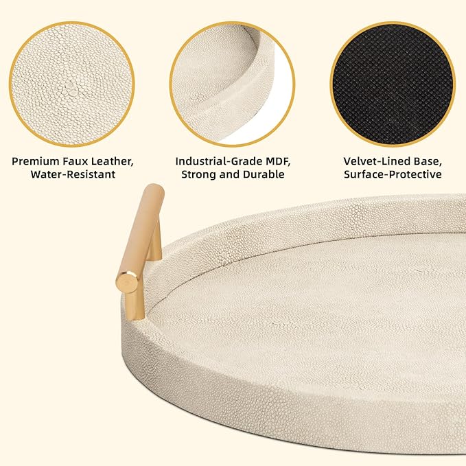 Modern Shagreen Tray, Round Serving Tray with Gold Polished Metal Handles, Decorative Trays Coffee Table Ottoman Trays for Living Room Bathroom Home Decor, Set of 2 (Ivory)