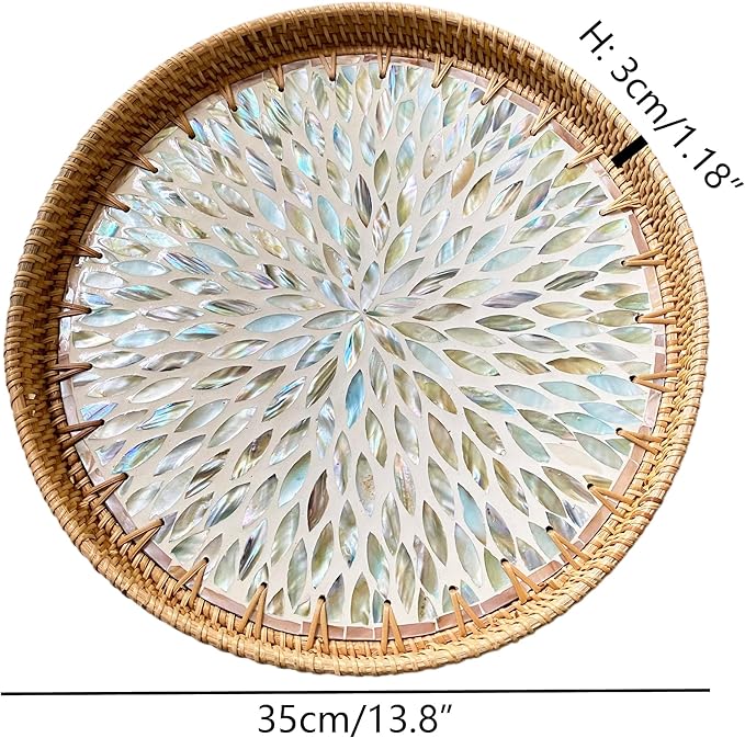 i-lan 14Inch Round Mother of Pearl Inlay Rattan Tray Display, Rattan Coffee Bread Serving Tray with MOP Inlay Wooden Base, Decorative Wicker Basket for Table Decor, Storage of Fruit,Candy