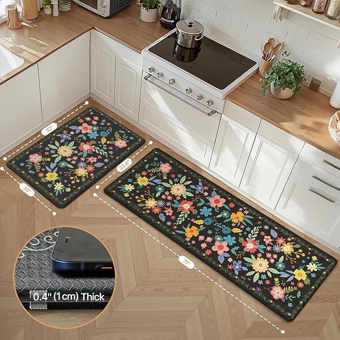 GENIMO Kitchen Mats for Floor 2PCS, Cushioned Kitchen Rugs Non Slip Washable, Farmhouse Anti Fatigue Mat Waterproof, Comfort Standing Mat Rug for Laundry, Office, Home, Sink, 23.6"x71"+20"x32", Black