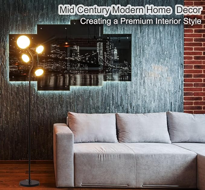 Fiqevs 4 Globe Floor Lamp with 2700K Warm Light LED Bulbs Included, Mid Century Modern Tree Standing Lamp with Frosted Glass Shade, Arc Torch Tall Lamp for Living Room, Bedroom, Office, Matt Black